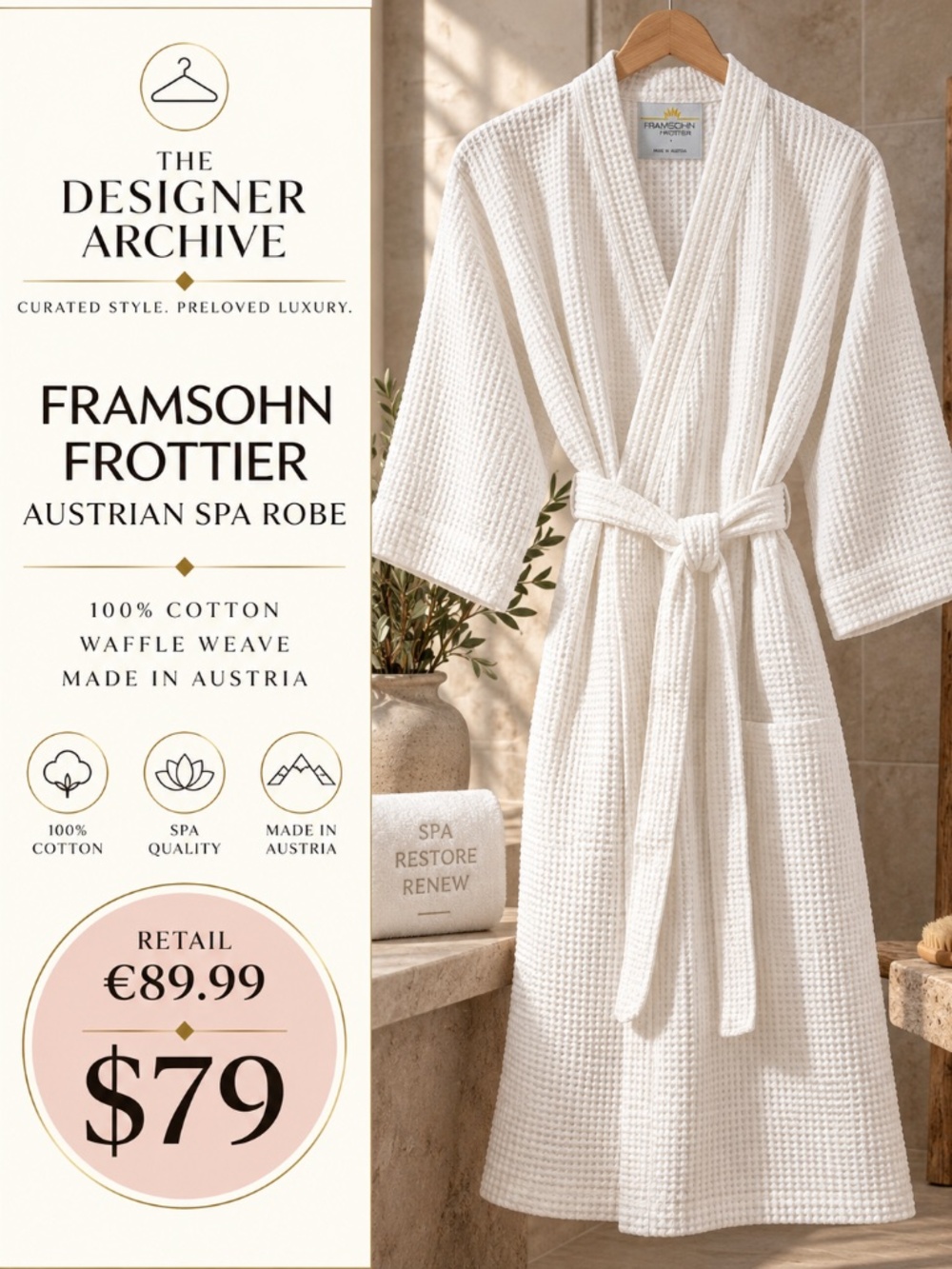 Framsohn Frottier Austrian 100% Cotton Waffle Spa Robe White Size M
